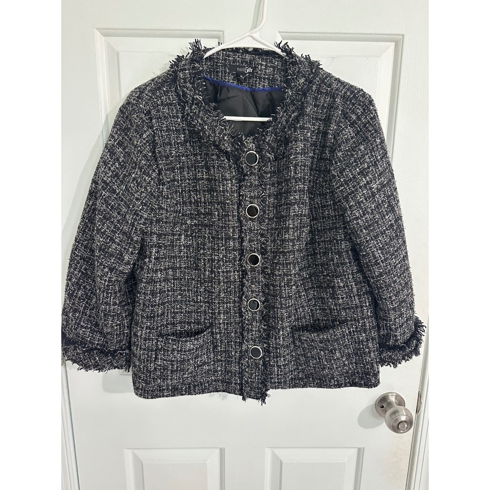 East‎ 5th Tweed Jacket Black Silver Button Up Fringed Blazer XL